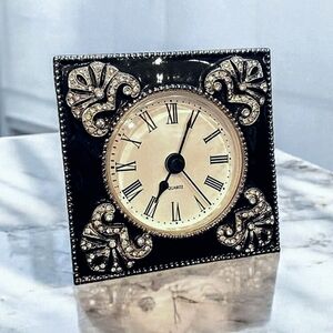 Ornate Vintage Reproduction Small 3" Square Black Eamel. CZ Accent Table Clock